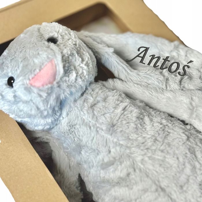 Królik szary maskotka z haftem imię dziecka zabawka prezent