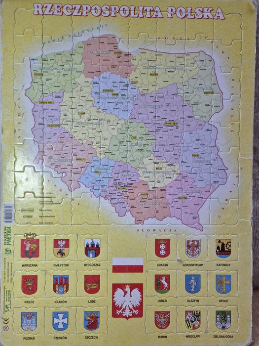 Puzzle mapa Polski z herbami miast