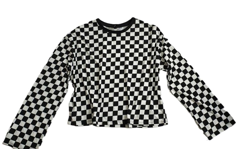 Bluzka biało-czarna szachownica krótka prosta długi rękaw bawełniana