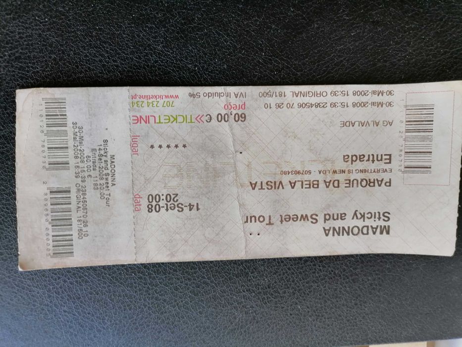 Bilhete MADONNA 2008 Stick and Sweet Tour Parque da Bela Vista 14 Setembro
