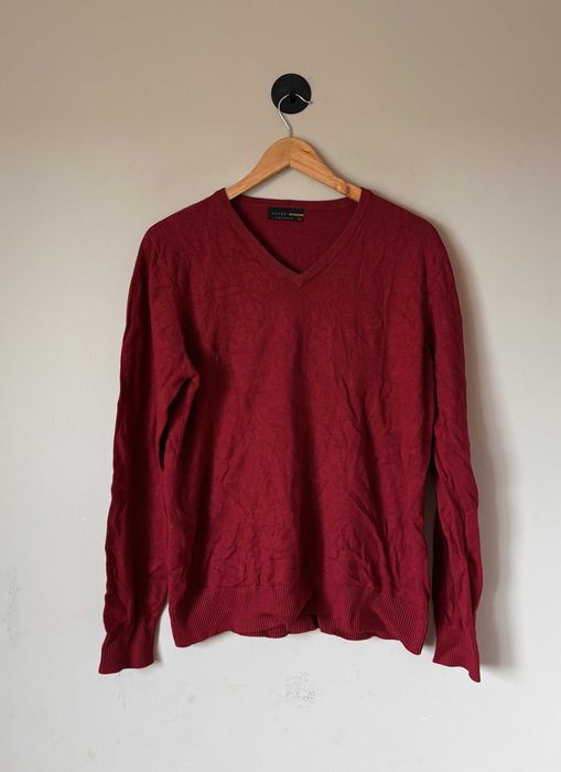 Sweter męski w serek z wiskozy bordowy XL (extra large)