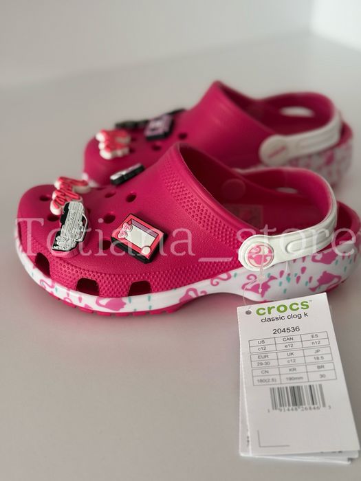 Крокси рожеві яскраві для дівчинки з джибітсами Барбі Crocs Barbie clog classic original C8 C9 C10 C11 C12 C13 J1 J2 J3