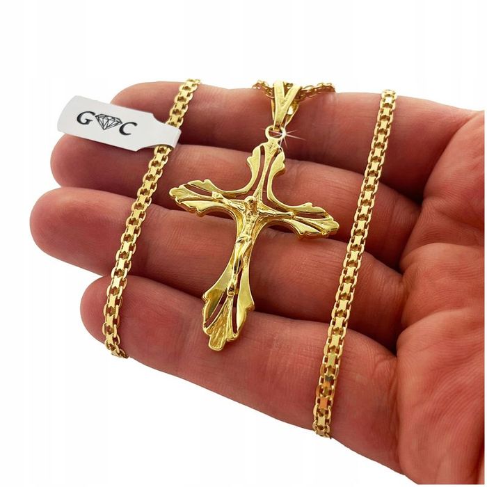 Złoty, Pozłacany Łańcuszek, Naszyjnik Męski Splot Bismark 70 cm + Krzy