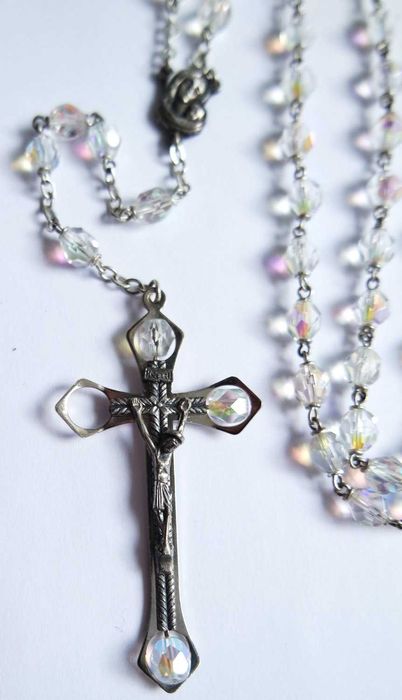 Różaniec piękny szklany opalizujący vintage duży naszyjnik