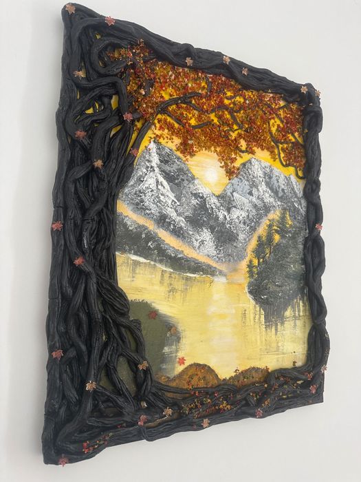 Unikatowy obraz 3D Gory w jesiennej ramie Handmade 40x52 cm