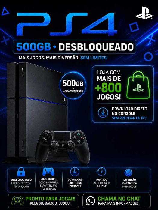 PS4 Fat 500GB Desbloqueado + 800+ Jogos Disponíveis | Controle Original | Frete Grátis