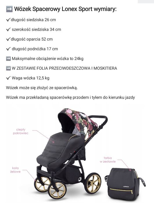 Piękny wózek spacerowy dla dziewczynki LONEX