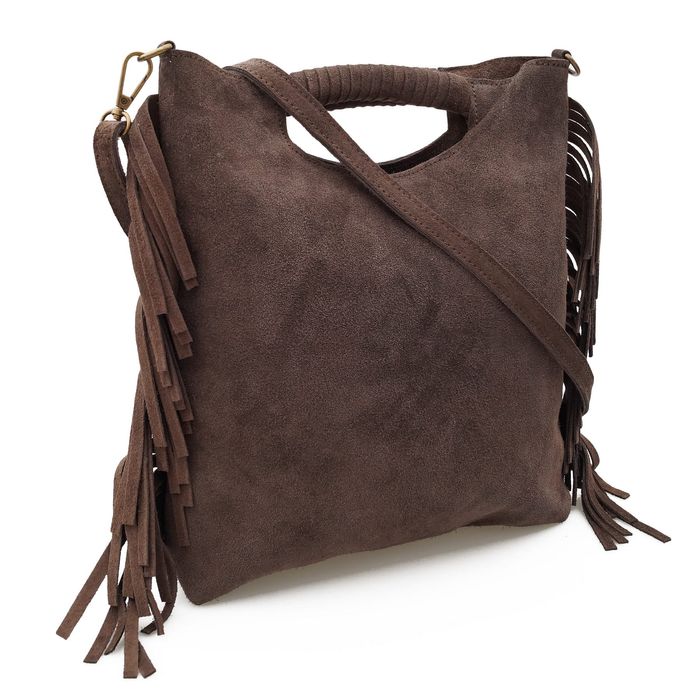 VERA PELLE torebka zamszowa listonoszka z frędzlami V406 c.brązowa