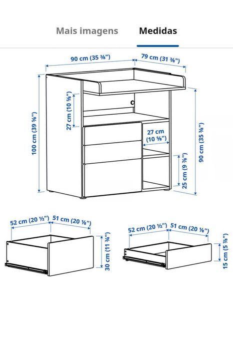 Trocador, branco bétula/com 3 gavetas, 90x79x100 cm