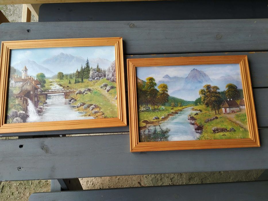 Dwa obrazki pejzaż w drewnianych ramkach 26,5x20cm