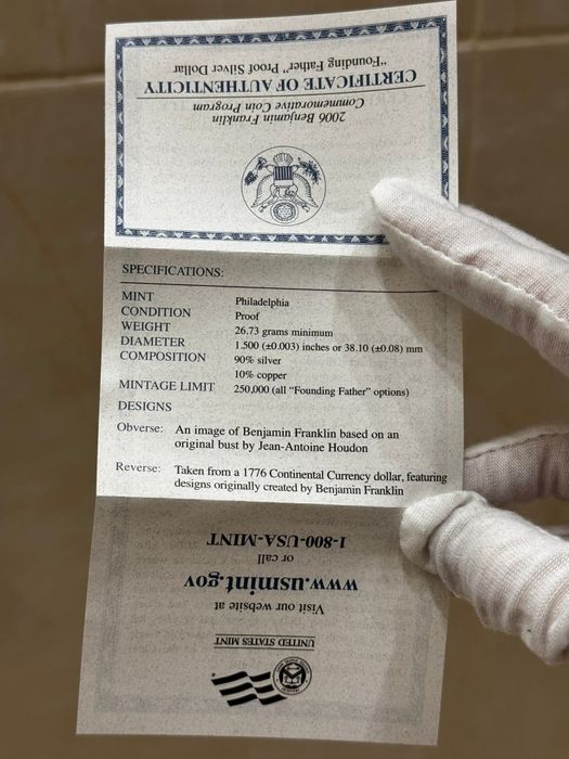 Долар 2006 р. США. Бенджамін Франклін. СРІБЛО. Сертифікат.