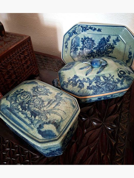 Cerâmica craquelé azul&branco: terrina caranguejo + 2 peças vintag