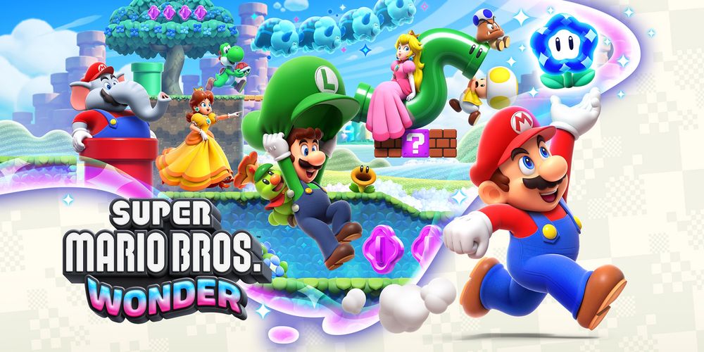 Nintendo Switch com minecraft, super mario wonder e caixa de transporte