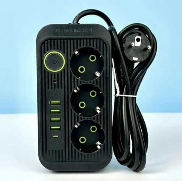 Пододовжувач, мереж.фільтр з 3 розетками і 4 USB розʼємами + 1 Type C