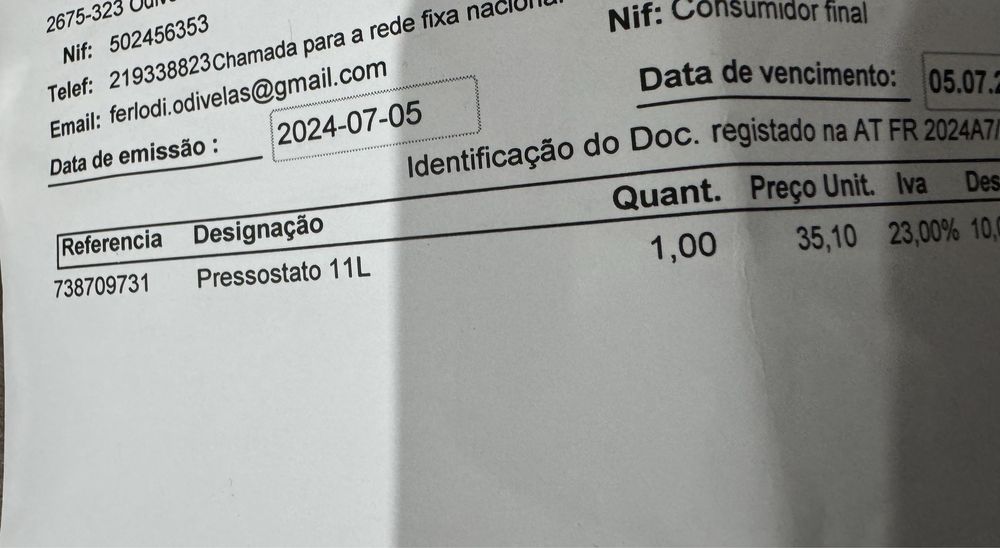 Pressostato para Vulcano 11 litros ( novo )