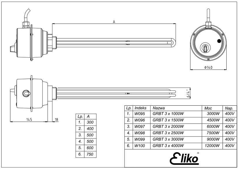 Grzałka 6 kW 6000W korek 6/4" do bojlera bufora