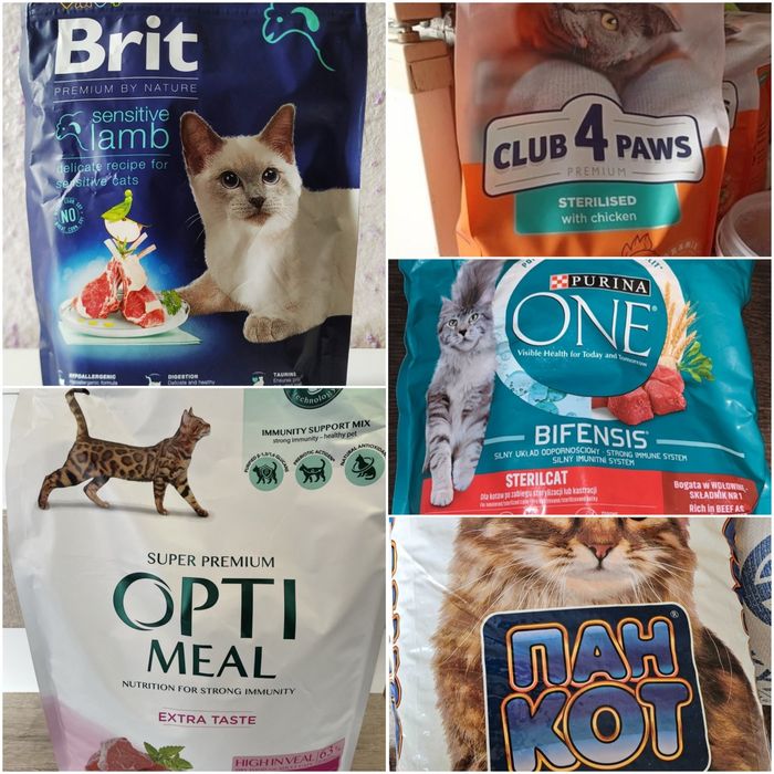 Сухой корм Пан Кіт, Purina One, Optimeal, Клуб 4 Лапы, Brit Premium