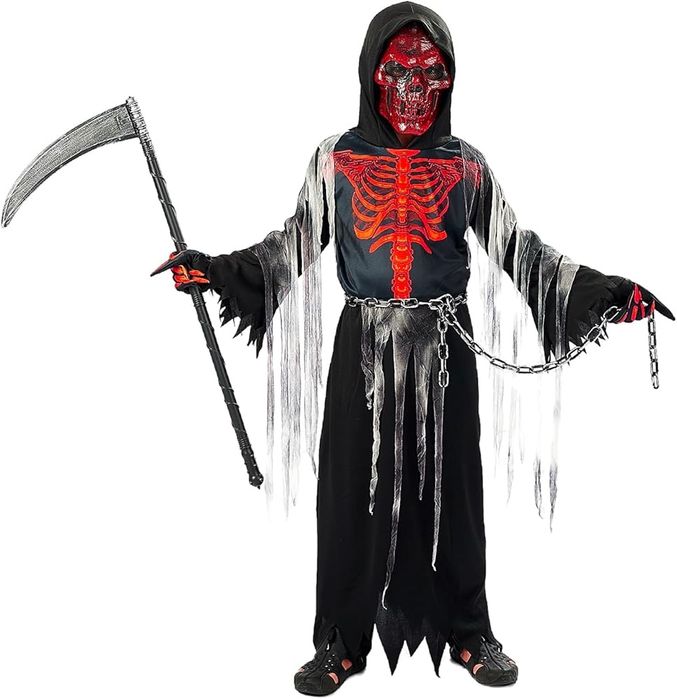 Halloween kostium przebranie kościotrup maska kosa łańcuch r.116