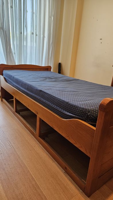 Cama Solteiro Madeira Maciça - Com Arrumação + Estrado + Colchão