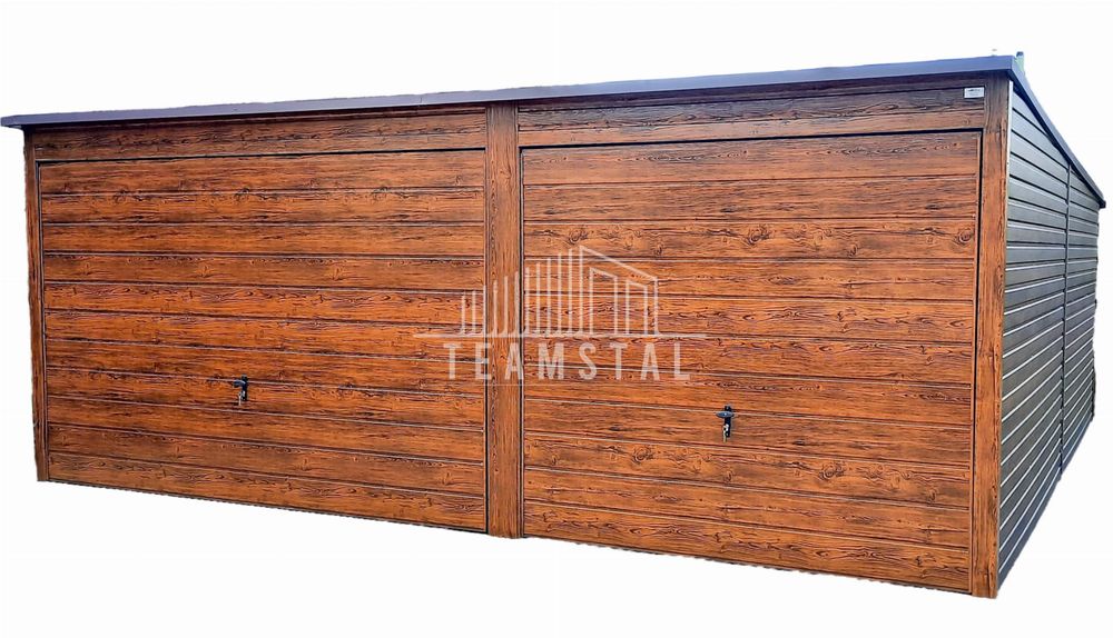 GARAŻ BLASZANY 6m x 6m - spad tył - 2x Brama ciemny orzech TS276