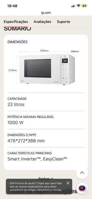 Micro-ondas com grill LG NeoChef™ MH6336GIH, 23 litros, 1000 W, Smart Inverter, EasyClean™, branco