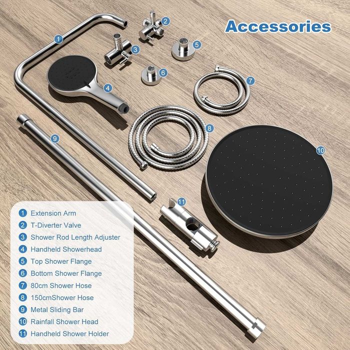 Regulowana Armatura Prysznicowa Deszczownica 25cm Bateria Chrom