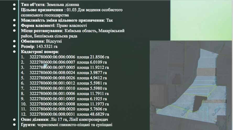 Земельна ділянка 143 га. 35 км від Києва