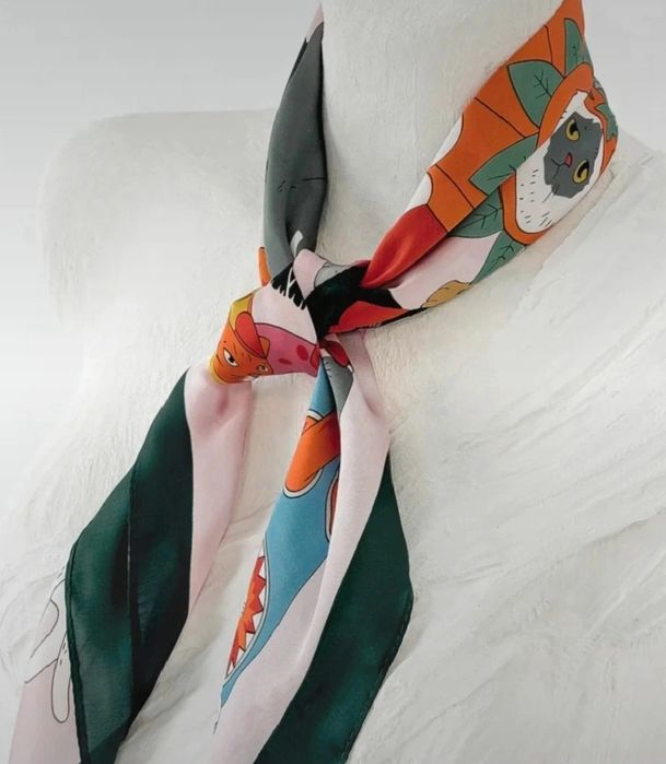 Nowa jedwab 100% Silk jedwabna Apaszka chusta koty 70 x 70