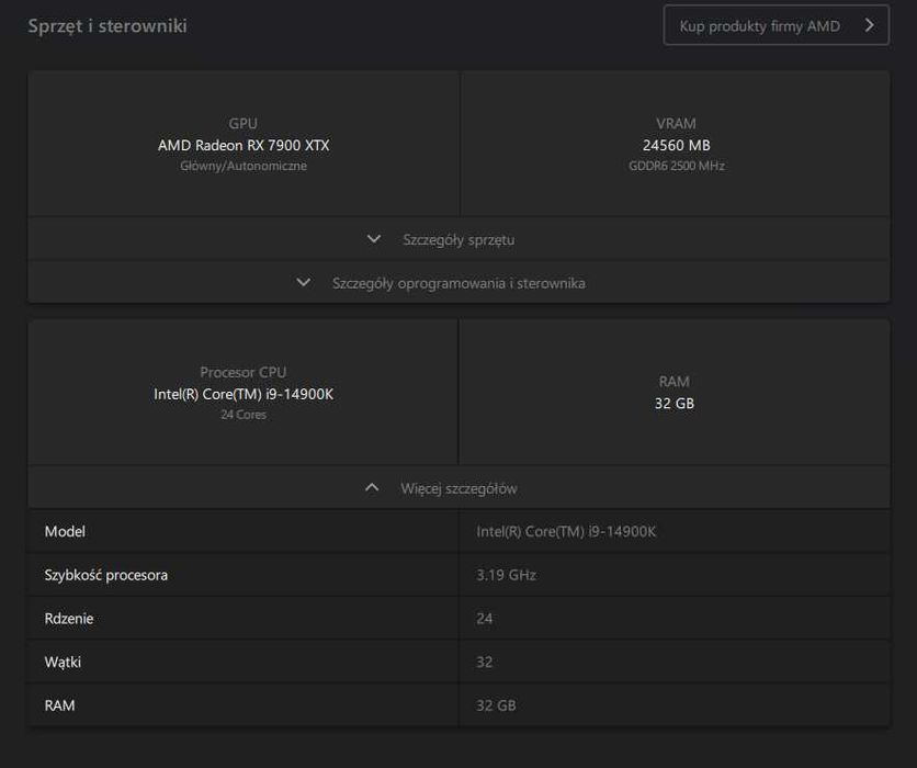 Komputer gamingowy i9-14900K / RX 7900 XTX 24GB / 32GB DDR5 8000MHZ