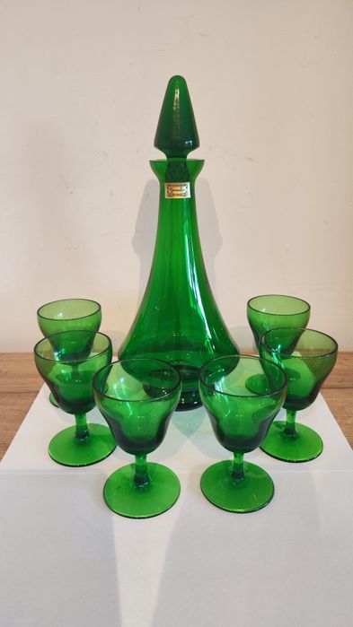 Egermann karafka i 6 kieliszków, szkło zielone, Czechy