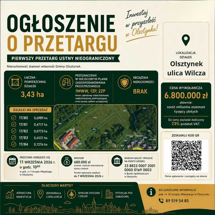 Działka inwestycyjna na sprzedaż – Olsztynek, ul. Wilcza | 3,43 ha | Przetarg
