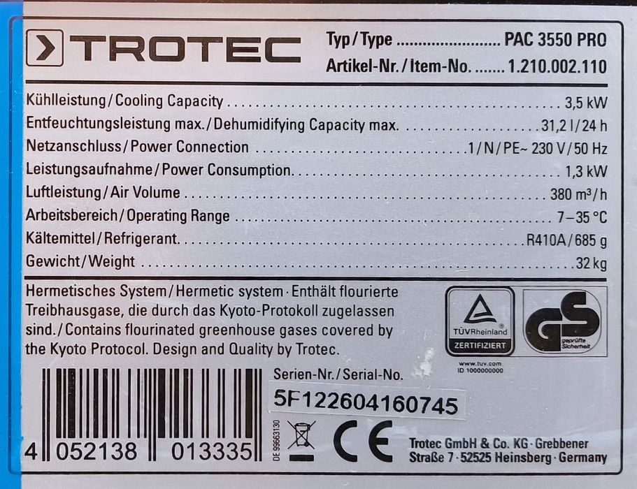 Klimatyzator pokojowy dwururowy TROTEC 3550 PRO