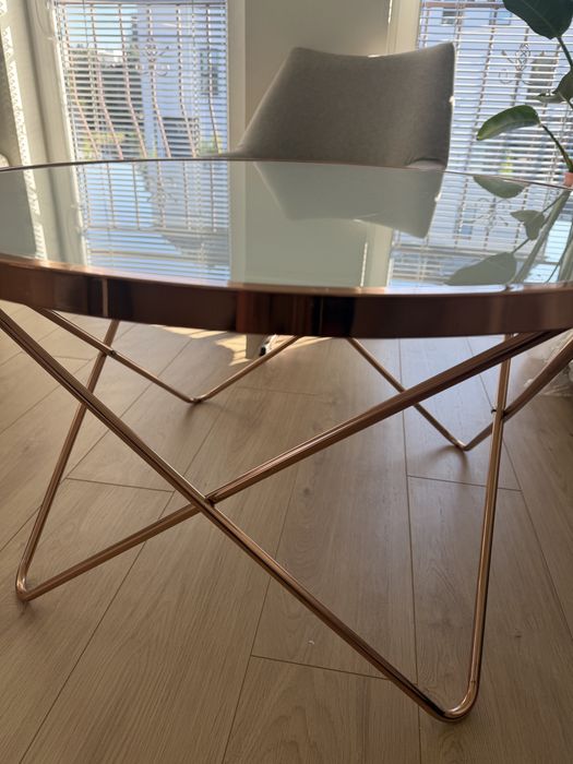 Szklany stolik kawowy 85cm okrągły miedziany metal szkło glamour