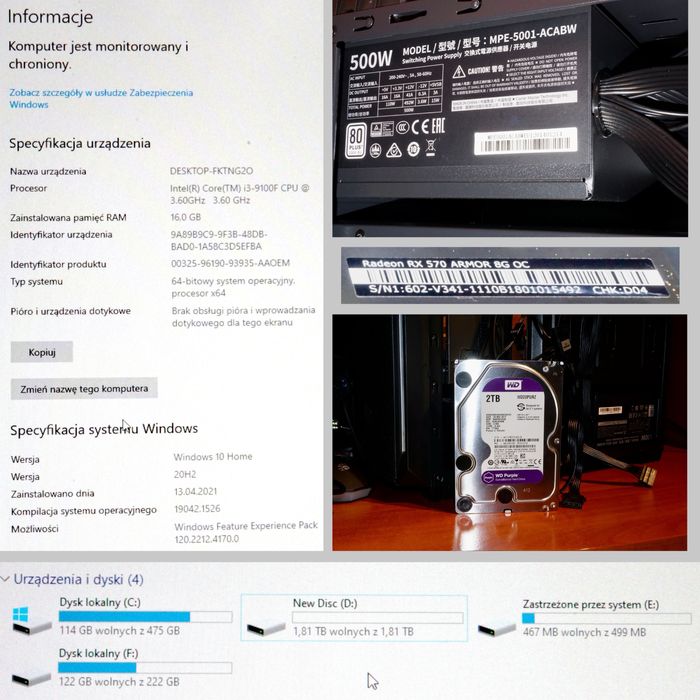 Komputer Gamingowy RX570 Armor 8GB, i3 9100F, 16 RAM prawie 7 TB!!!