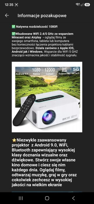 Projektor, Rzutnik HDMI SMART TV ANDROID