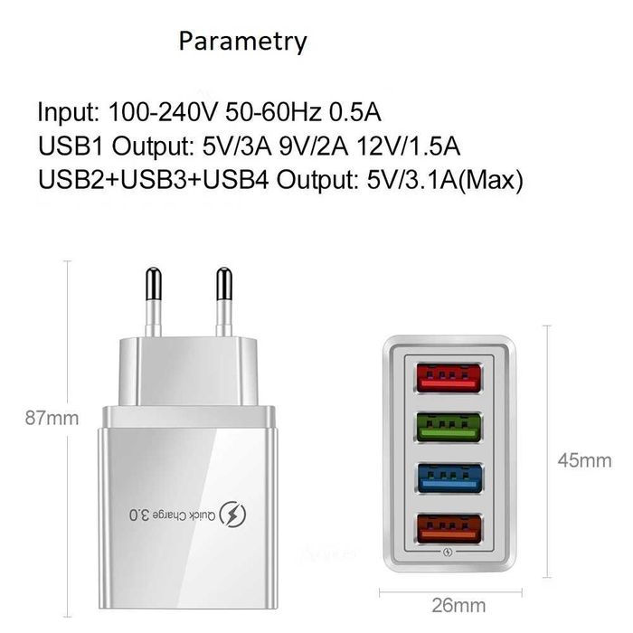 Ładowarka do Telefonów Sieciowa 4 x USB 3,1A 5V