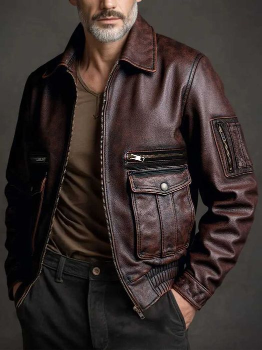 Kurtka Bomber Męska Vintage - Prawdziwy Pilot z Zamkiem, Brązowa