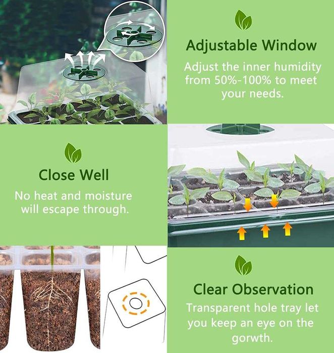Bandejas de sementes, 10 embalagens com janela ajustável para estufas