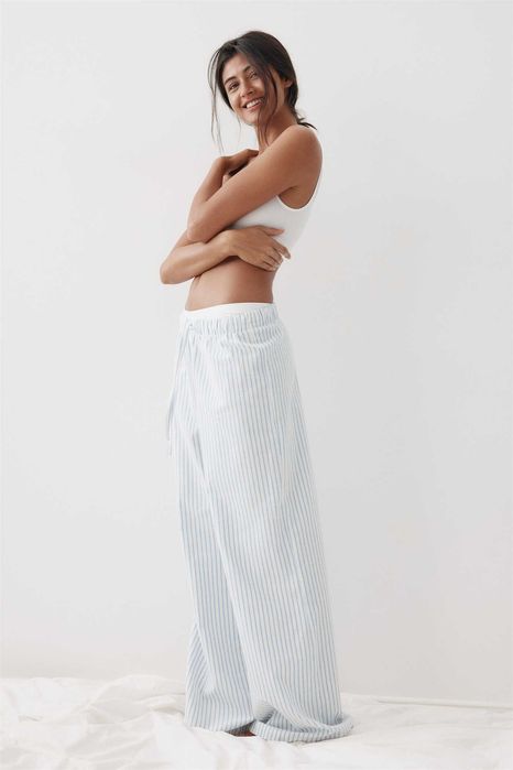 Piżama spodnie S nowa kolekcja białe paski bawełna flanela PROMOCJA