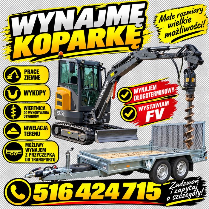 Wynajem koparki Volvo 2,5t wiertnica przyczepka