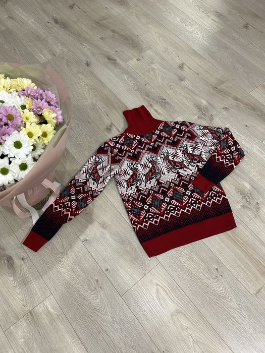 Теплий светр з орнаментом | червоно-білий | 50% вовна / 50% поліестер