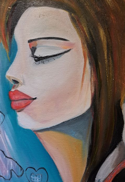 Pintura a óleo de Fernanda Romano. "A Sra. e o Gato"