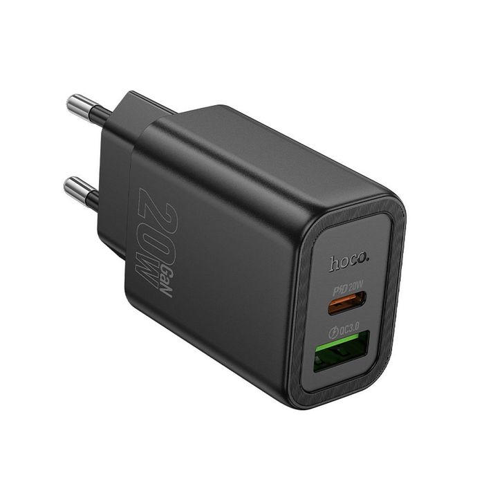 Ładowarka sieciowa do telefonu Hoco USB A + USB C QC3.0 PD 3A 20W N61 czarna