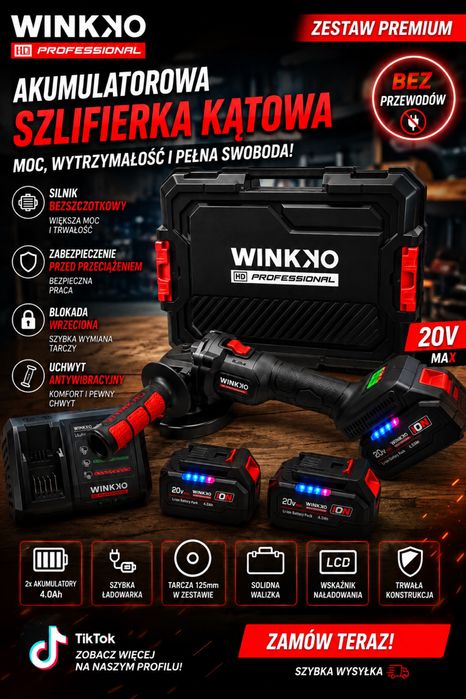 Szlifierką kątową Profesjonalną 18/20v bezszczotkowa Zestaw 2x Akumulator +Ładowarka