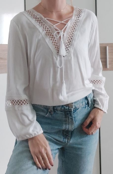Top Secret 42 biała boho koszula bluzka koronka etno słowiański styl