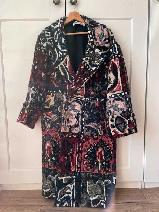 Płaszcz Zara z wełną żakardowy wełniany wzór oversize rozm XS-S