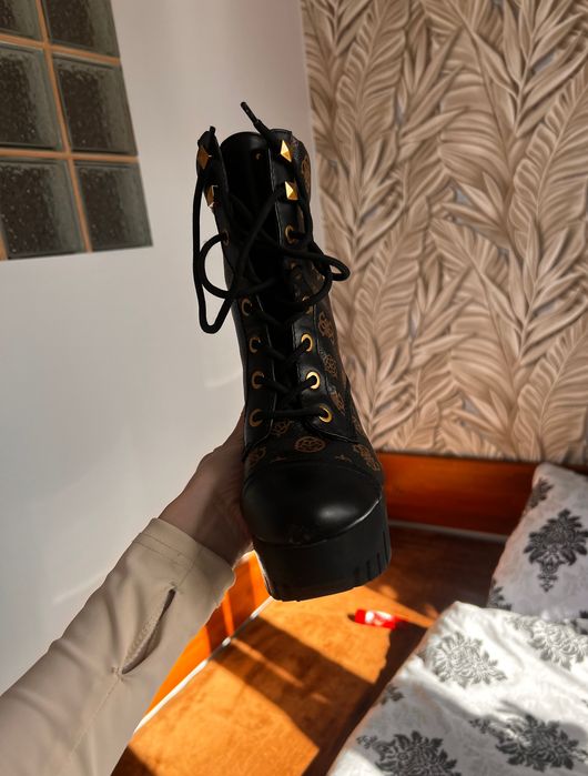 Oryginalne buty botki guess 38 sznurowane obcas słupek brązowe czarne