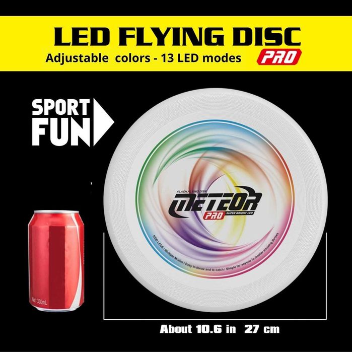 Disco voador Meteor Pro, Frisbee com luz RGB com 41 LED, 13 modos de luz, recarregável por, 27cm