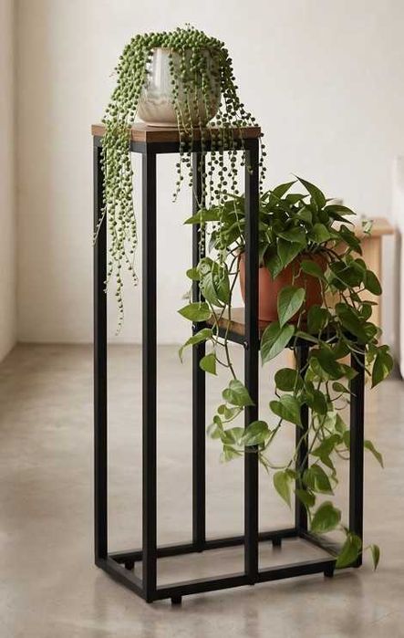 Kwietnik Stojący Metalowy Loft Industrialny Dwa Poziomy Postarzany Dąb 67cm