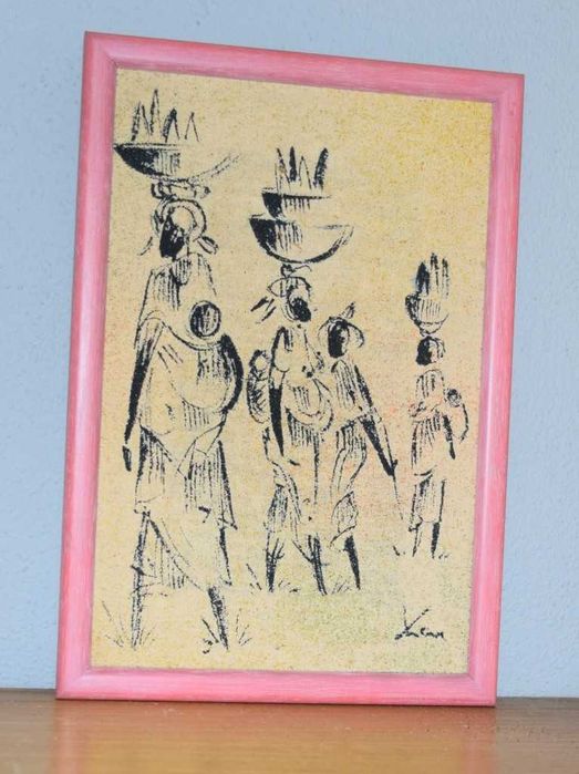 Quadro africano (Angola) pintado a tinta de areia – Quitandeiras/Zungueiras – 1997